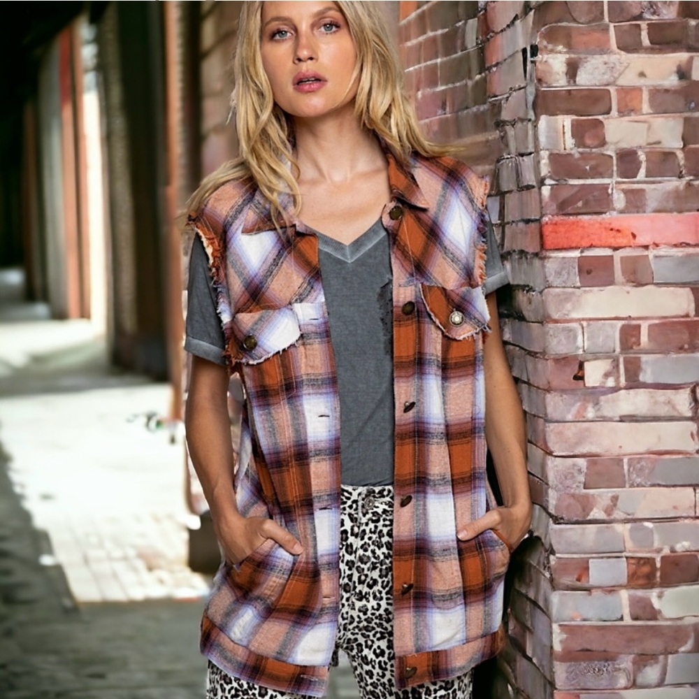 🔥 POL Distressed Plaid Button-Down Vest – Rust Orange 🔥 📫Fast Shipping - Picture 3 of 4